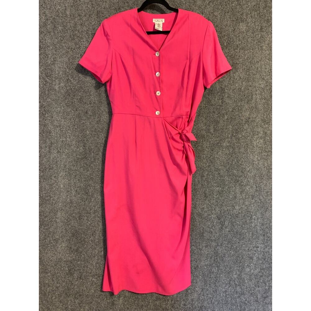 Talbots Dress Womens 14 Pink 100% Silk Wrap Button Secretary Barbie VINTAGE 80s